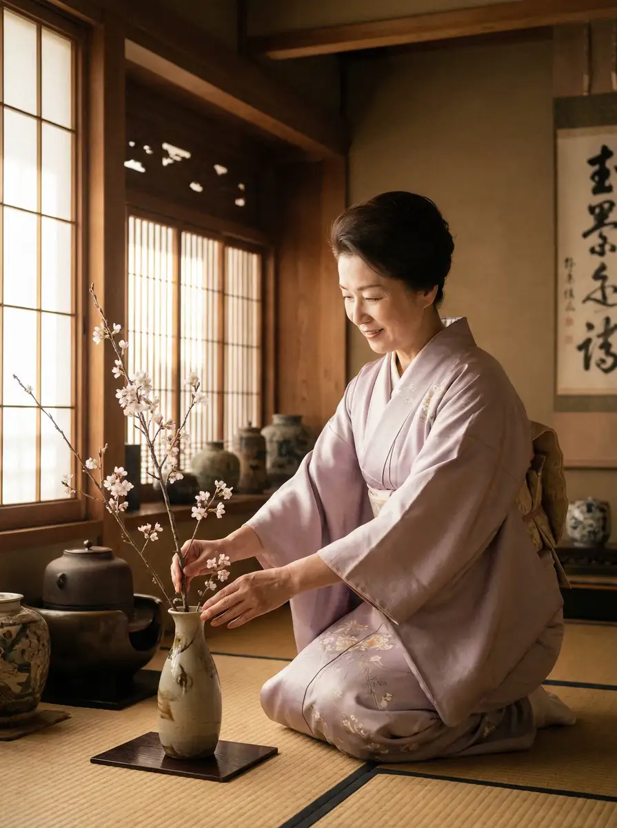 一位优雅的 花都影视 在和室中插花